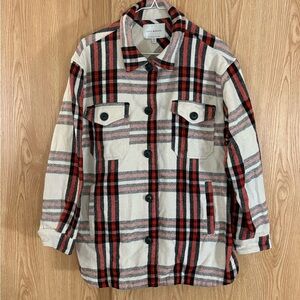 Lucky Brand Cream and Red Plaid Flannel Heavyweight Shirt Jacket